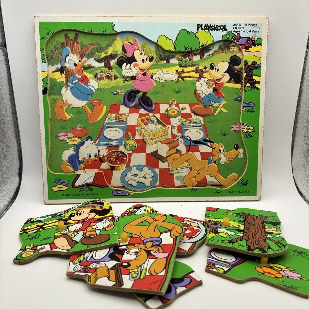 Vtg Playskool Wooden MickeyMinnie PlutoDonaldPuzzle Walt Disney 6 Peg Pieces USA